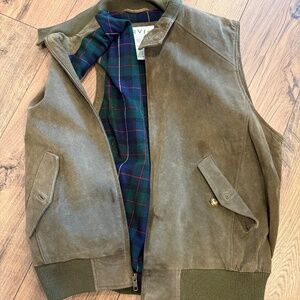Orvis Brown Suede Leather Vest Mens Size L Zip Up Plaid Lined Hunting Outdoors